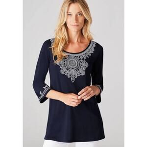 J. Jill NAVY BLUE tunic top mandala-style embroidery 3/4 sleeves Sz L NEW